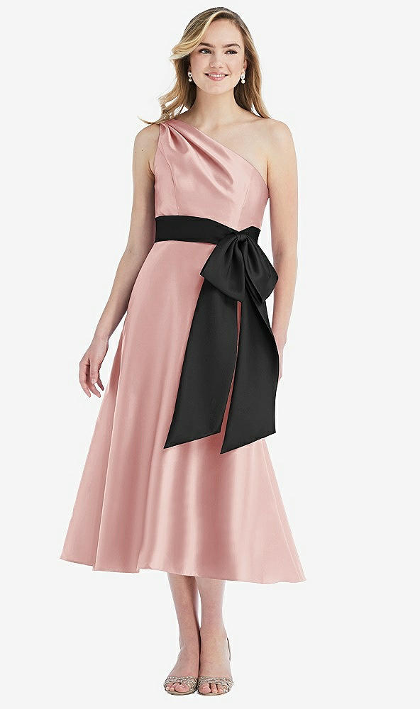 Front View - Rose & Black One-Shoulder Bow-Waist Midi Dress with Pockets