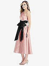 Side View Thumbnail - Rose & Black One-Shoulder Bow-Waist Midi Dress with Pockets