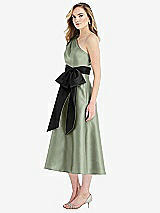 Side View Thumbnail - Sage & Black One-Shoulder Bow-Waist Midi Dress with Pockets