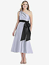 Front View Thumbnail - Silver Dove & Black One-Shoulder Bow-Waist Midi Dress with Pockets