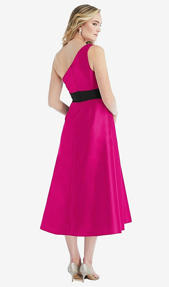 Back View - Think Pink & Black One-Shoulder Bow-Waist Midi Dress with Pockets
