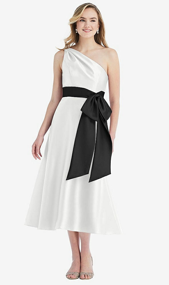 Front View - White & Black One-Shoulder Bow-Waist Midi Dress with Pockets