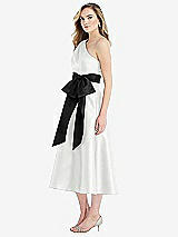 Side View Thumbnail - White & Black One-Shoulder Bow-Waist Midi Dress with Pockets