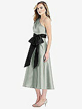 Side View Thumbnail - Willow Green & Black One-Shoulder Bow-Waist Midi Dress with Pockets