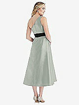 Rear View Thumbnail - Willow Green & Black One-Shoulder Bow-Waist Midi Dress with Pockets
