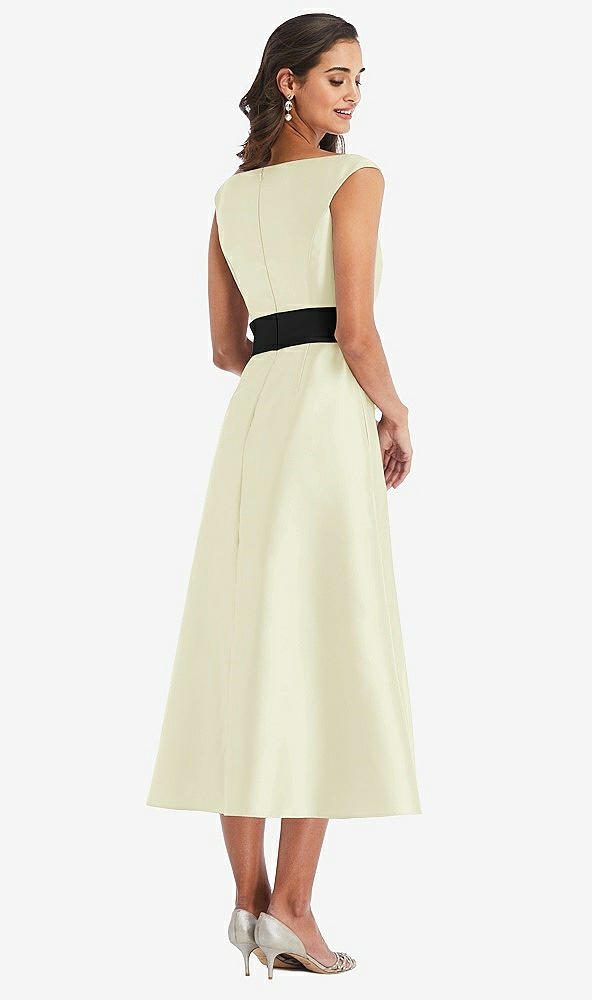Back View - Butter Yellow & Black Off-the-Shoulder Bow-Waist Midi Dress with Pockets