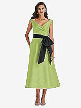 Front View Thumbnail - Mojito & Black Off-the-Shoulder Bow-Waist Midi Dress with Pockets