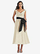 Front View Thumbnail - Champagne & Black Off-the-Shoulder Bow-Waist Midi Dress with Pockets