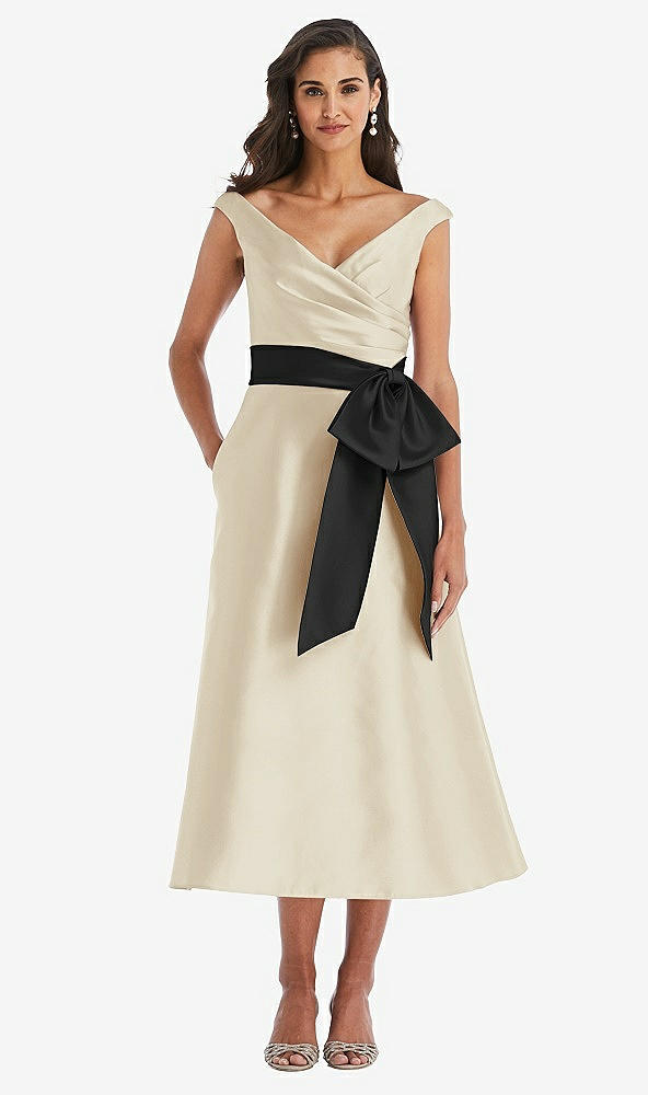 Front View - Champagne & Black Off-the-Shoulder Bow-Waist Midi Dress with Pockets