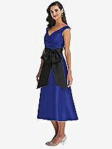 Side View Thumbnail - Cobalt Blue & Black Off-the-Shoulder Bow-Waist Midi Dress with Pockets