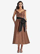 Front View Thumbnail - Cognac & Black Off-the-Shoulder Bow-Waist Midi Dress with Pockets