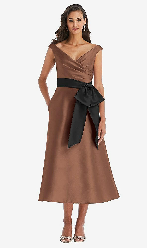 Front View - Cognac & Black Off-the-Shoulder Bow-Waist Midi Dress with Pockets