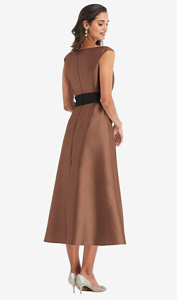 Back View - Cognac & Black Off-the-Shoulder Bow-Waist Midi Dress with Pockets