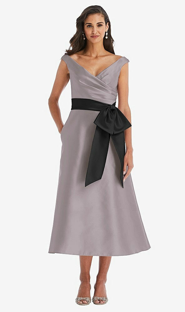 Front View - Cashmere Gray & Black Off-the-Shoulder Bow-Waist Midi Dress with Pockets