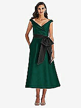Front View Thumbnail - Hunter Green & Black Off-the-Shoulder Bow-Waist Midi Dress with Pockets