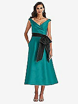 Front View Thumbnail - Jade & Black Off-the-Shoulder Bow-Waist Midi Dress with Pockets