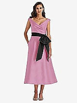 Front View Thumbnail - Powder Pink & Black Off-the-Shoulder Bow-Waist Midi Dress with Pockets