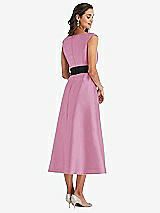 Rear View Thumbnail - Powder Pink & Black Off-the-Shoulder Bow-Waist Midi Dress with Pockets