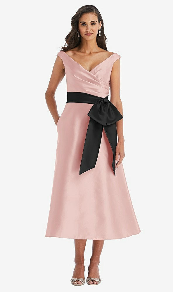 Front View - Rose & Black Off-the-Shoulder Bow-Waist Midi Dress with Pockets