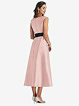 Rear View Thumbnail - Rose & Black Off-the-Shoulder Bow-Waist Midi Dress with Pockets