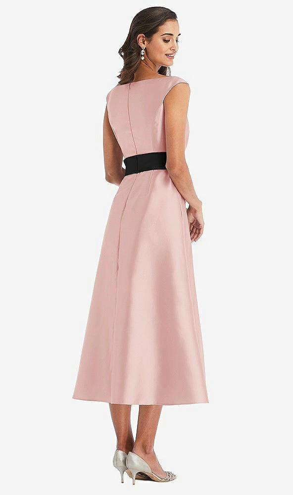 Back View - Rose & Black Off-the-Shoulder Bow-Waist Midi Dress with Pockets