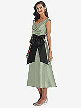 Side View Thumbnail - Sage & Black Off-the-Shoulder Bow-Waist Midi Dress with Pockets