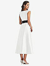 Rear View Thumbnail - White & Black Off-the-Shoulder Bow-Waist Midi Dress with Pockets