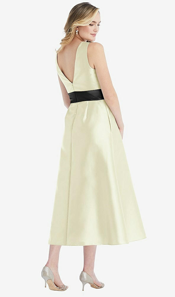 Back View - Butter Yellow & Black High-Neck Bow-Waist Midi Dress with Pockets