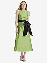 Front View Thumbnail - Mojito & Black High-Neck Bow-Waist Midi Dress with Pockets