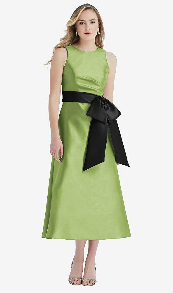 Front View - Mojito & Black High-Neck Bow-Waist Midi Dress with Pockets