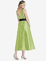 Rear View Thumbnail - Mojito & Black High-Neck Bow-Waist Midi Dress with Pockets