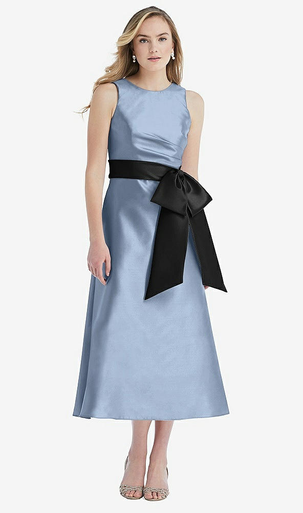 Front View - Cloudy & Black High-Neck Bow-Waist Midi Dress with Pockets