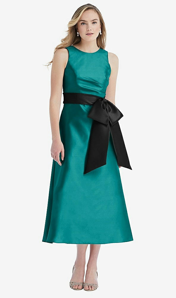Front View - Jade & Black High-Neck Bow-Waist Midi Dress with Pockets