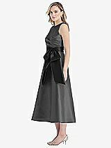 Side View Thumbnail - Pewter & Black High-Neck Bow-Waist Midi Dress with Pockets