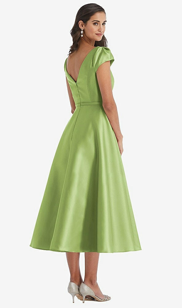 Back View - Mojito Puff Sleeve Bow-Waist Full Skirt Satin Midi Dress