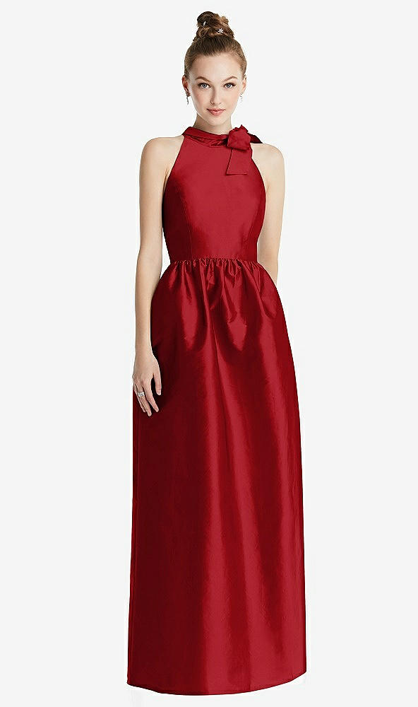 Front View - Garnet Bowed High-Neck Full Skirt Maxi Dress with Pockets