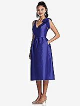Front View Thumbnail - Electric Blue Bowed-Shoulder Full Skirt Midi Dress with Pockets