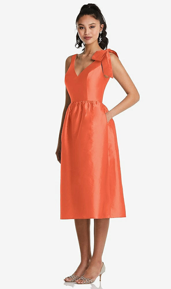 Front View - Fiesta Bowed-Shoulder Full Skirt Midi Dress with Pockets