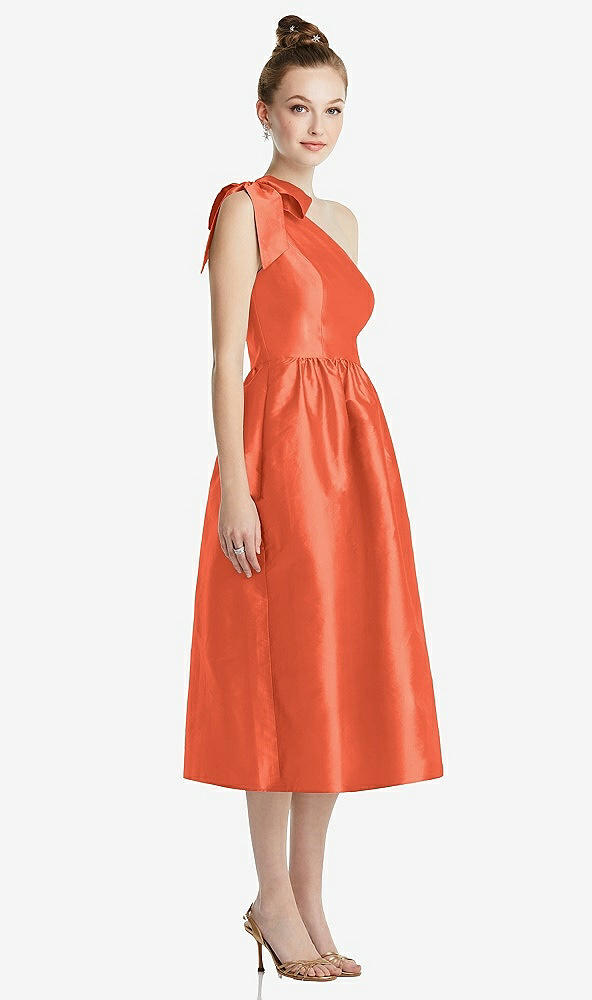 Front View - Fiesta Bowed One-Shoulder Full Skirt Midi Dress with Pockets