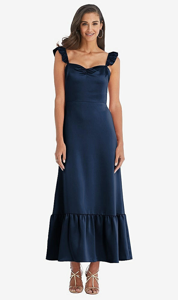 Front View - Midnight Navy Ruffled Convertible Sleeve Midi Dress