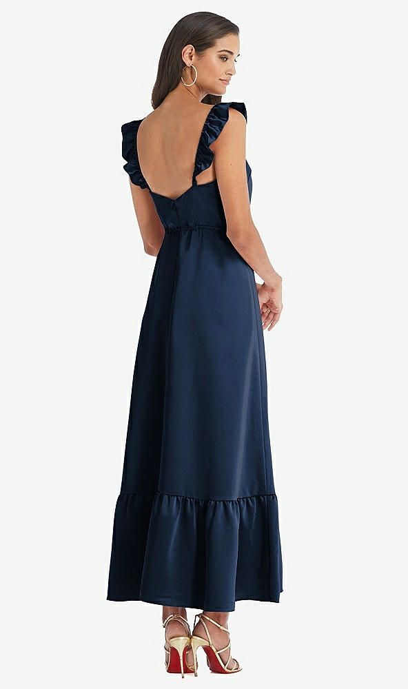 Back View - Midnight Navy Ruffled Convertible Sleeve Midi Dress