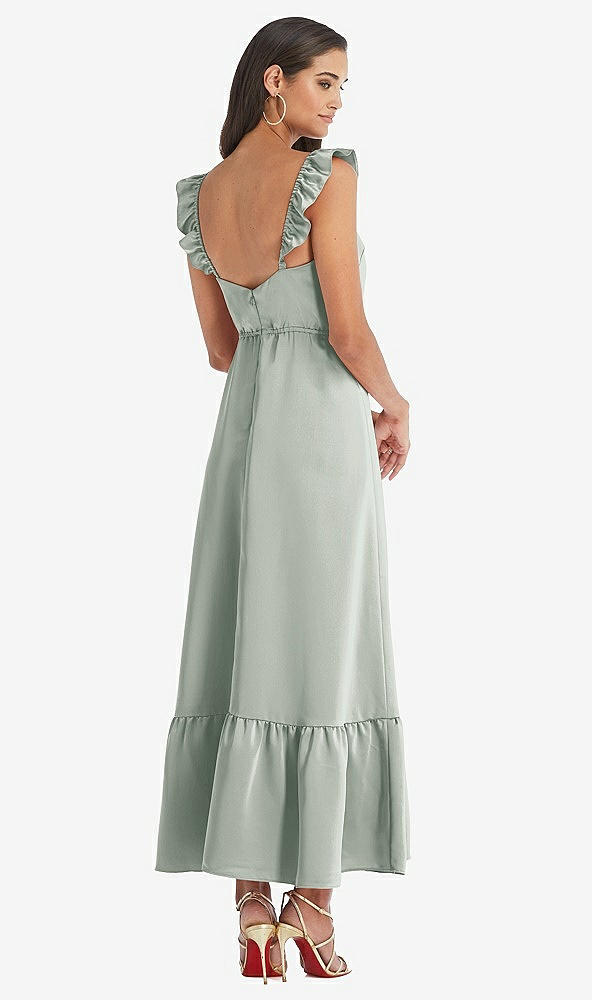 Back View - Willow Green Ruffled Convertible Sleeve Midi Dress