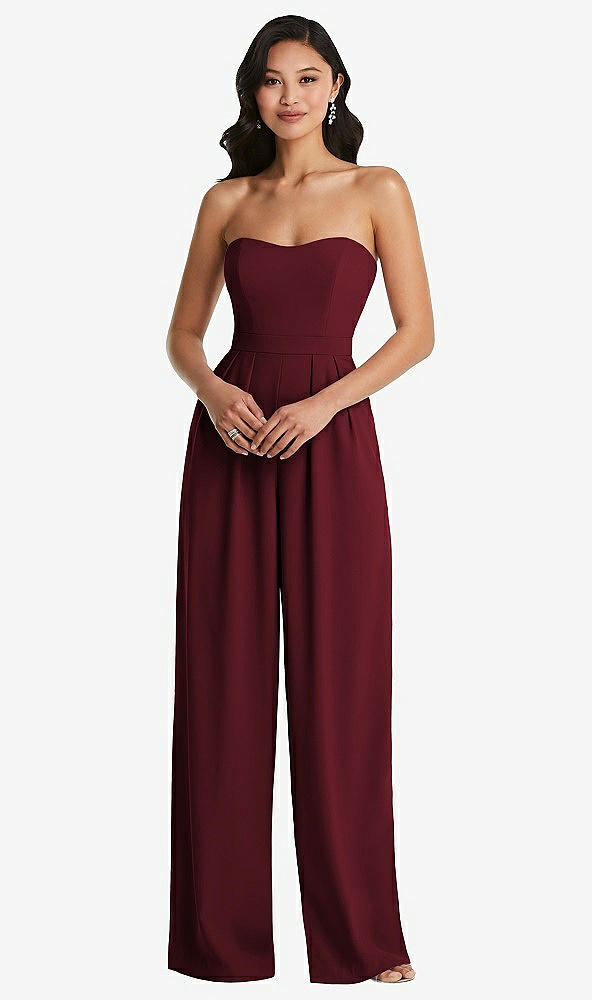 Front View - Cabernet Strapless Pleated Front Jumpsuit with Pockets