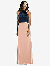 Alt View 1 Thumbnail - Pale Peach & Midnight Navy High-Neck Open-Back Maxi Dress with Scarf Tie
