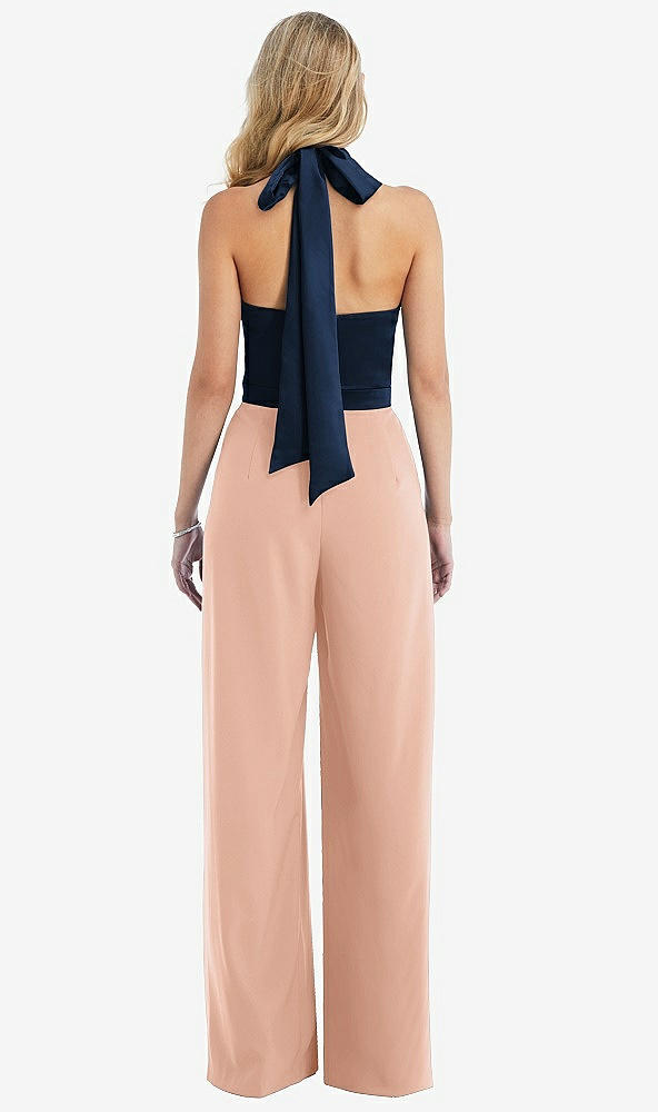 Back View - Pale Peach & Midnight Navy High-Neck Open-Back Jumpsuit with Scarf Tie