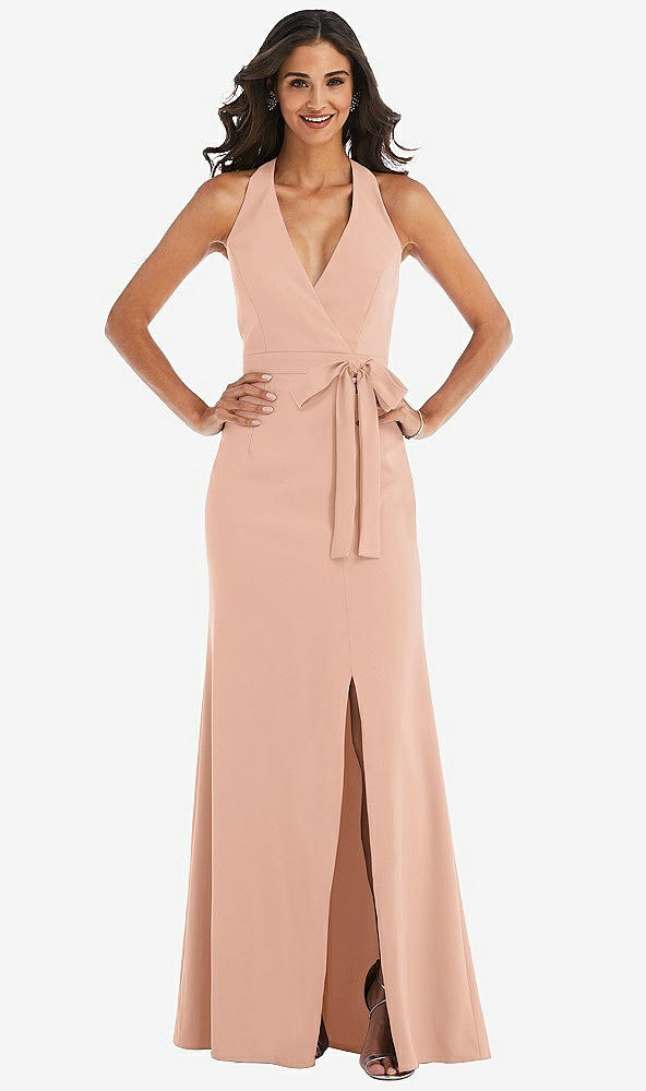 Front View - Pale Peach Open-Back Halter Maxi Dress with Draped Bow
