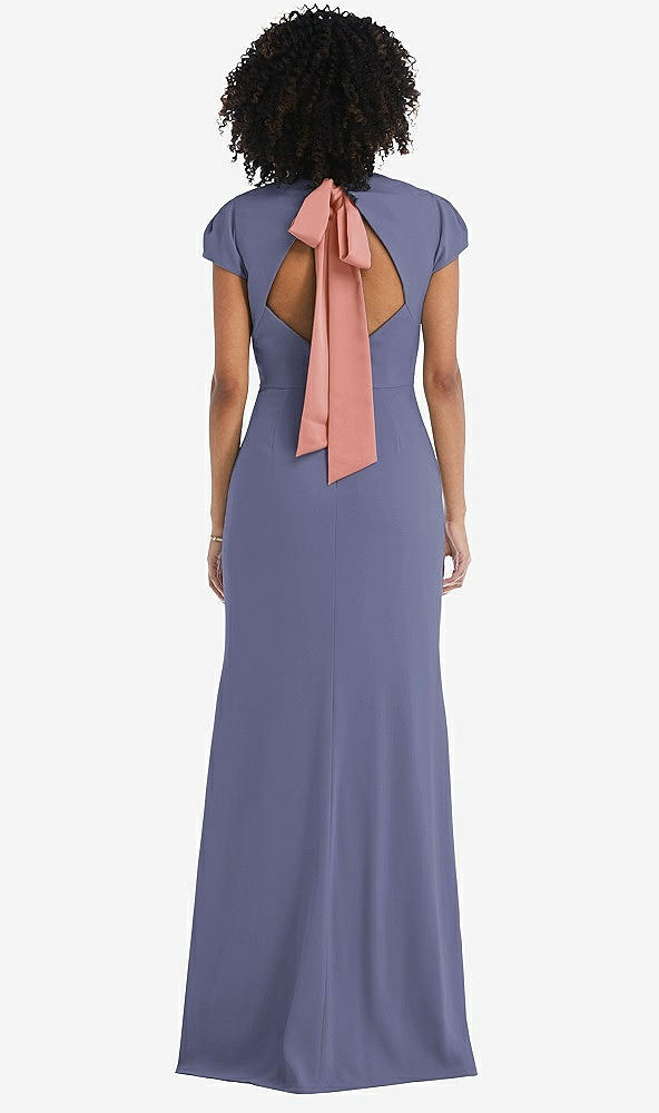 Front View - French Blue & Desert Rose Puff Cap Sleeve Cutout Tie-Back Trumpet Gown