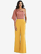 Front View Thumbnail - NYC Yellow & Desert Rose One-Shoulder Bell Sleeve Jumpsuit with Pockets