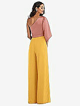 Rear View Thumbnail - NYC Yellow & Desert Rose One-Shoulder Bell Sleeve Jumpsuit with Pockets
