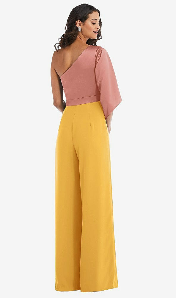 Back View - NYC Yellow & Desert Rose One-Shoulder Bell Sleeve Jumpsuit with Pockets